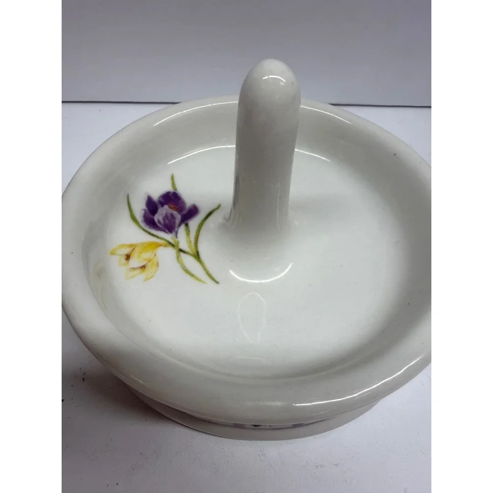 Bill Barnes Ceramic Floral Ring Holder Dish Purple Yellow Flowers Cottagecore